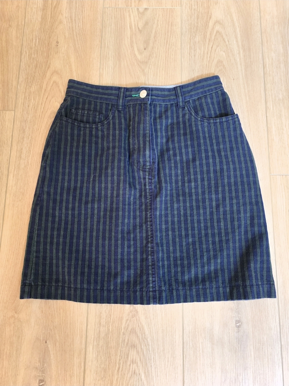 Tommy Hilfiger Navy and Green Striped Denim Mini Skirt Vintage 80's
